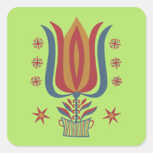 Vintage American Folk Art Tulip Floral Decor Square Sticker