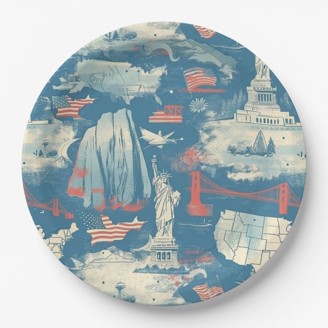 Vintage American Landmark Pattern (3) Paper Plate (Front)