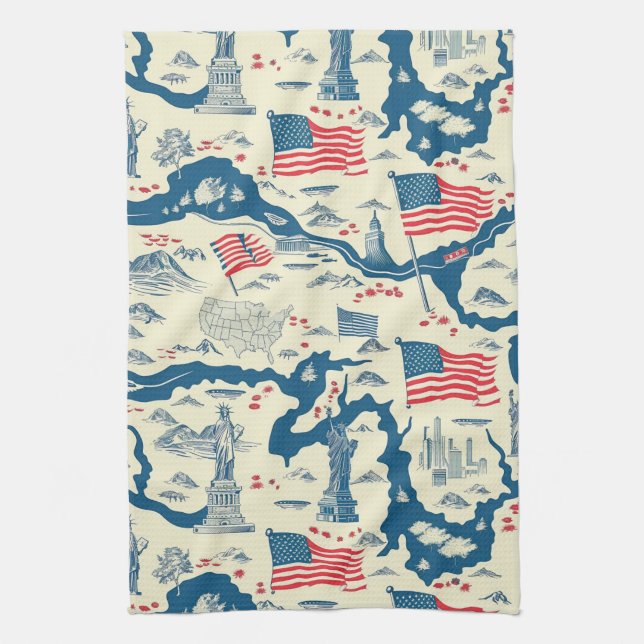 Vintage American Landmark Pattern (4) Tea Towel (Vertical)