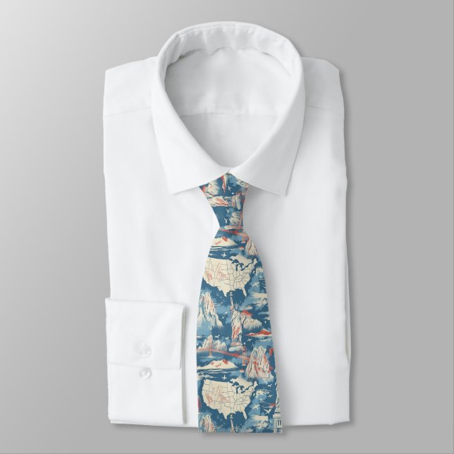 Vintage American Landmark Pattern – Liberty, USA  Tie (Tied)