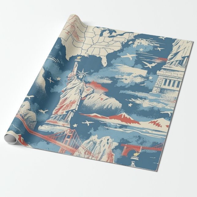 Vintage American Landmark Pattern – Liberty, USA  Wrapping Paper (Unrolled)