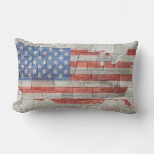 Vintage American Patriotic Map Flag On Wall Lumbar Cushion