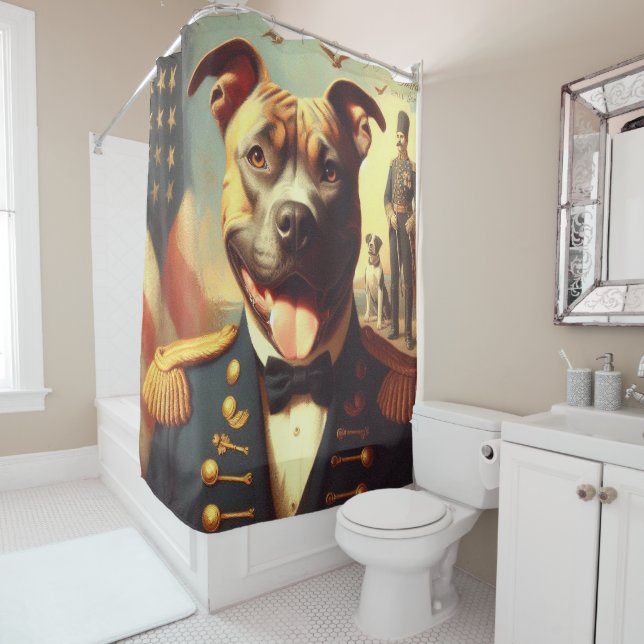 Vintage American Pit Bull Terrier Painting Shower Curtain (In Situ)