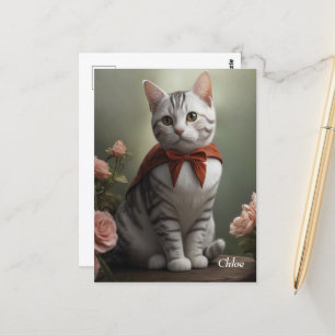 Vintage American Shorthair Kitten with Roses Postcard