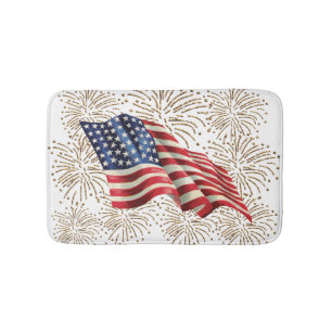 Vintage American USA Flag and July 4th Fireworks Bath Mat