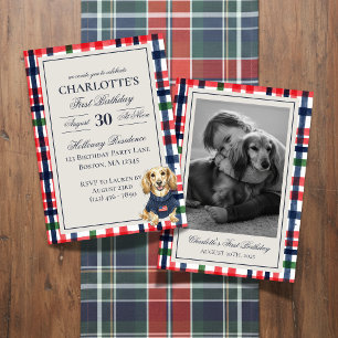 Vintage Americana Plaid Dachshund First Birthday Invitation