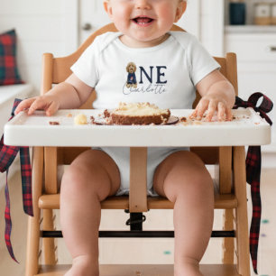 Vintage Americana Plaid Doodle Dog First Birthday Baby Bodysuit