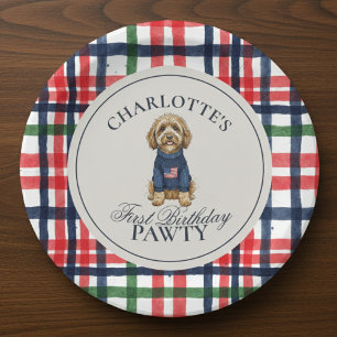 Vintage Americana Plaid Doodle Dog First Birthday Paper Plate