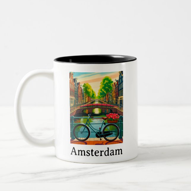 Vintage Amsterdam Holland Canal Retro Travel Two-Tone Coffee Mug (Left)