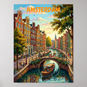 Vintage Amsterdam Netherlands - Colourful Canal Poster