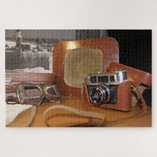 Vintage analogue camera in leather brown case jigsaw puzzle