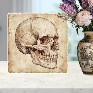 Vintage Anatomical Skull Ink Drawing Sepia Ceramic Tile