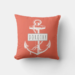 Vintage anchor and name coral nautical reversible outdoor cushion