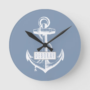 Vintage anchor and name dusty blue nautical round clock