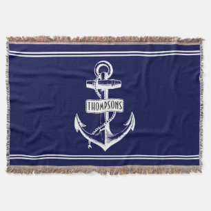 Vintage anchor and name navy blue, white throw blanket