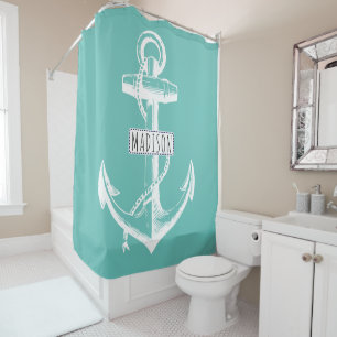 Vintage anchor and name on light teal nautical shower curtain