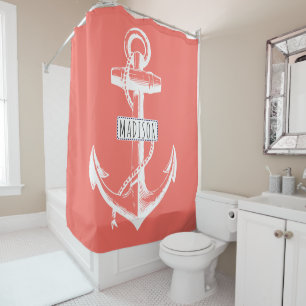 Vintage anchor and name on living coral nautical shower curtain