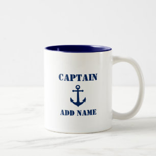 Vintage Anchor Blue Captain Add Name Boat Name Two-Tone Coffee Mug