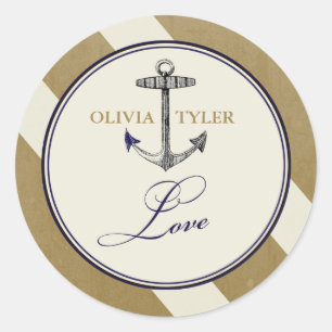 Vintage Anchor Nautical Navy & Gold Love Classic Round Sticker