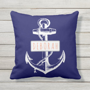 Vintage anchor navy blue nautical reversible outdoor cushion