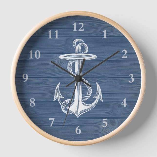 Vintage Anchor Rustic Blue Wood Wall Clock (Front)