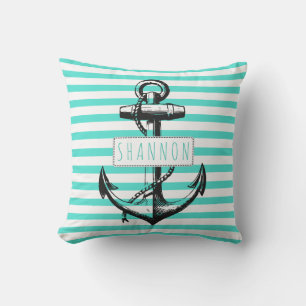 Vintage anchor turquoise striped pattern nautical cushion