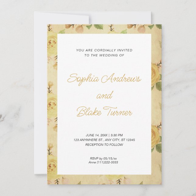 Vintage and Elegant Yellow Floral Wedding Invitation (Front)