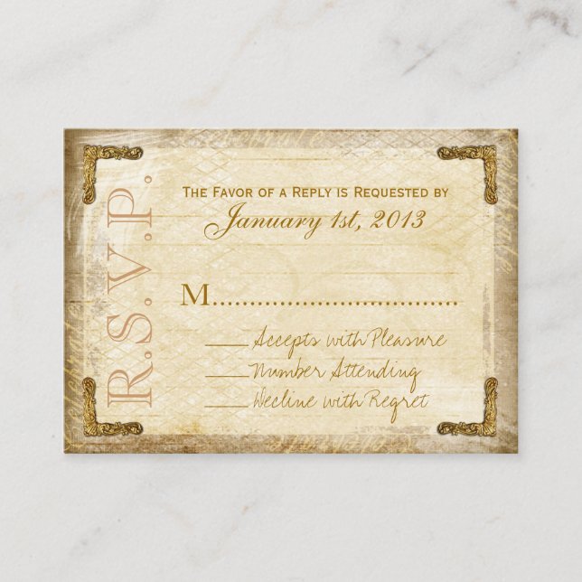 Vintage and Gold RSVP Cards (Chunky Business Card) (Front)