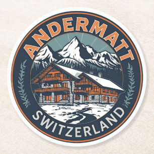 Vintage ANDERMATT ski Switzerland Swiss Alps gifts Round Paper Coaster