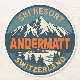 Vintage ANDERMATT ski Switzerland Swiss Alps gifts Round Paper Coaster