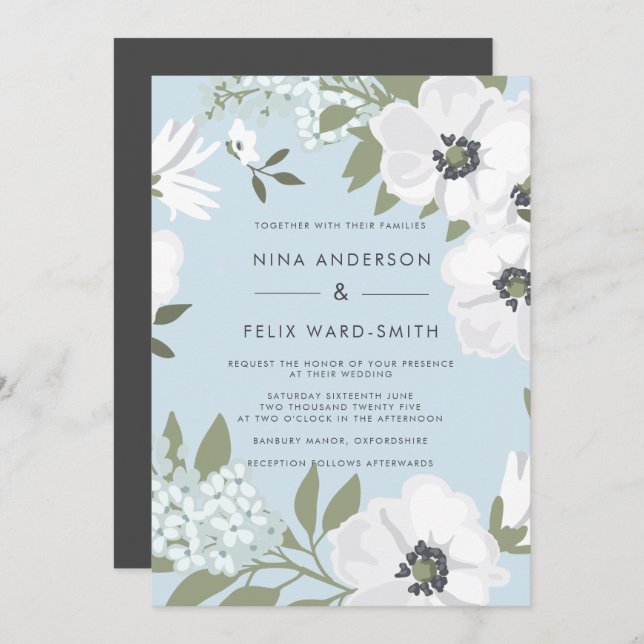 Vintage Anemone Blue Wedding Invitation (Front/Back)