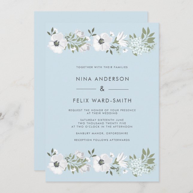 Vintage Anemone Blue Wedding Invitation (Front/Back)