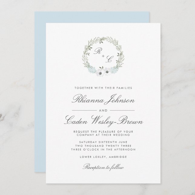 Vintage Anemone Wreath Monogram Wedding Invitation (Front/Back)