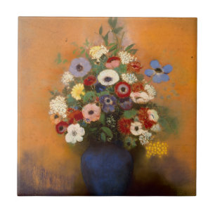 Vintage Anemones and lilac in a blue vase Ceramic Tile