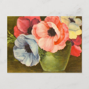Vintage Anemones in Green Vase Postcard