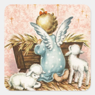 Vintage Angel and Lambs Sitting By A Manger Square Sticker