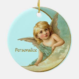 Vintage Angel in Moon Your Name Christmas Ornament