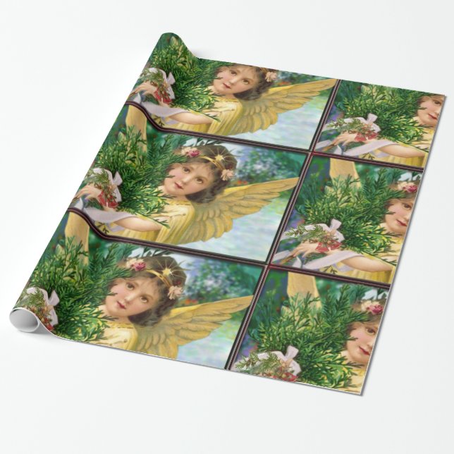 Vintage Angel In The Snow Christmas Wrapping Paper (Unrolled)