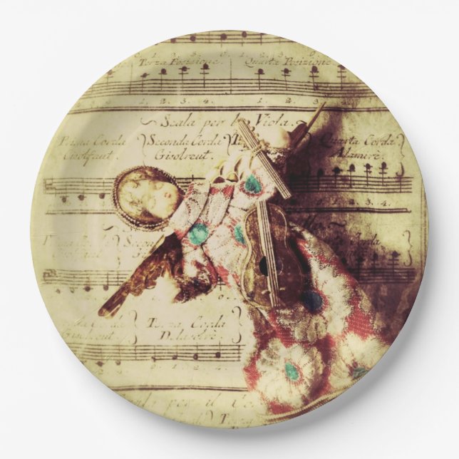 Vintage angel ornament on music paper plate (Front)
