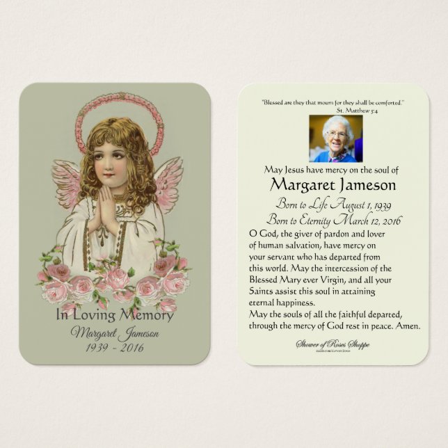 Vintage Angel Roses Funeral Memorial Holy Card - (Front & Back)