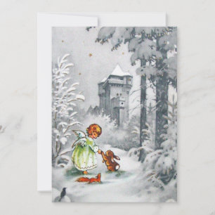 Vintage Angel Walking To Castle With Animals Holiday Card