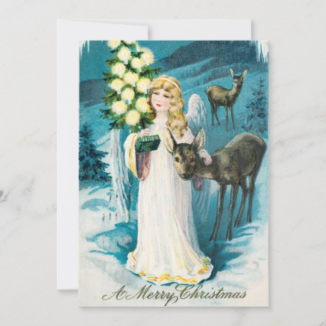 Vintage Angel With Deer & Tree Christmas Greetings Holiday Card (Front)