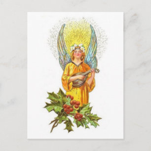 Vintage Angel With holly And Mandolin Postcard