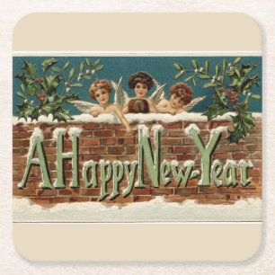 Vintage Angels A Happy New Year Square Paper Coaster