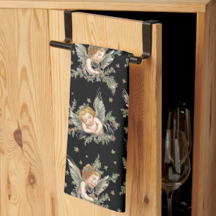 Vintage angels black pattern tea towel