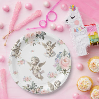 Vintage angels Cherubs and Pastel Floral tile Paper Plate