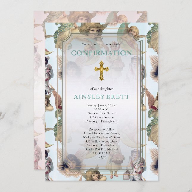 Vintage Angels | Gold Cross Girl Confirmation Invitation (Front/Back)