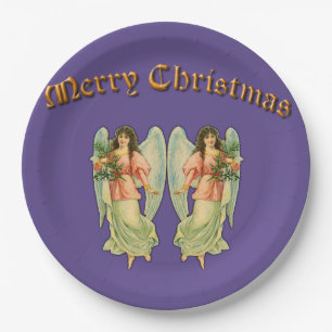 Vintage Angels on Blue Christmas Paper Plate