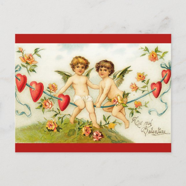 Vintage Angels on Wire of Hearts Valentine Postcard (Front)