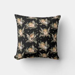 Vintage angels pattern black cushion